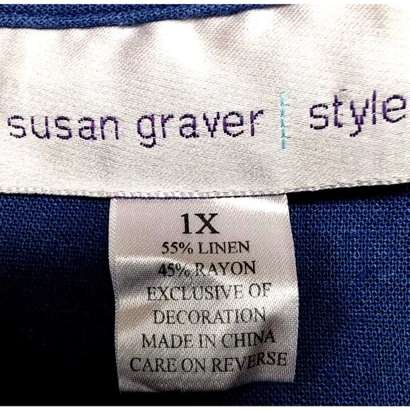 Susan Graver Blouse Top Womens Plus Size 1X Blue Linen Blend Embroidered Boho - Picture 5 of 12